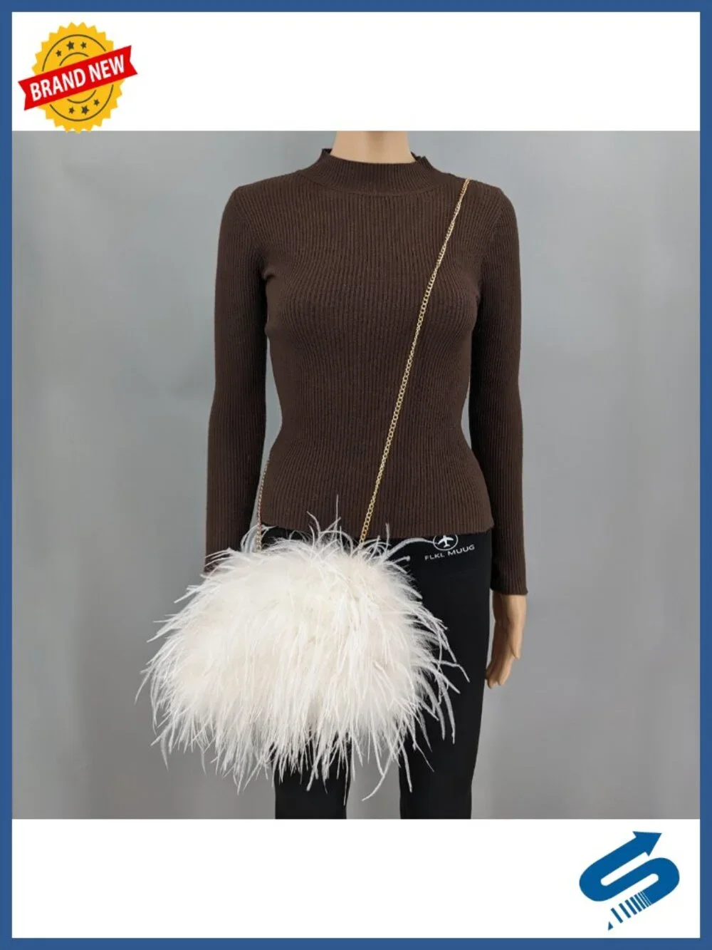 Natural Feather Evening Clutch with Golden Handle Vintage Fluffy Handbag